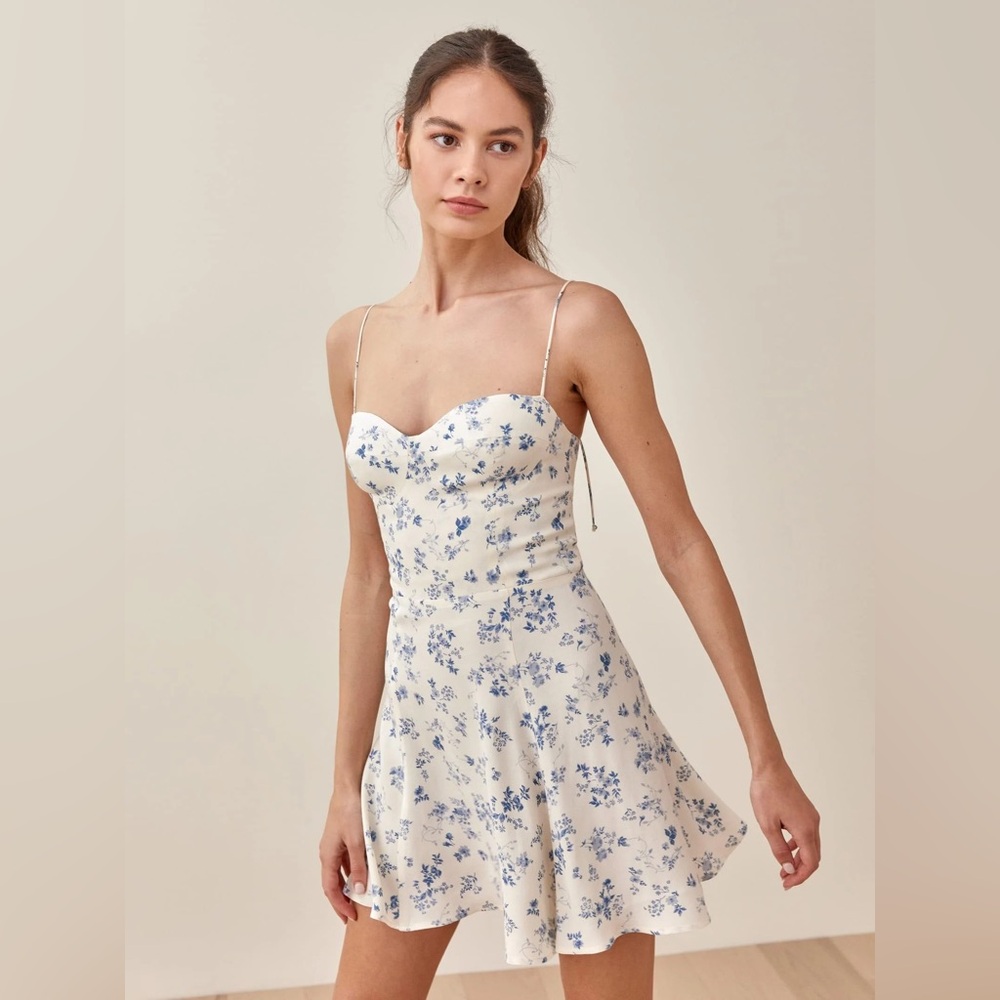 Reformation Saskia Dress in Blue and White Floral